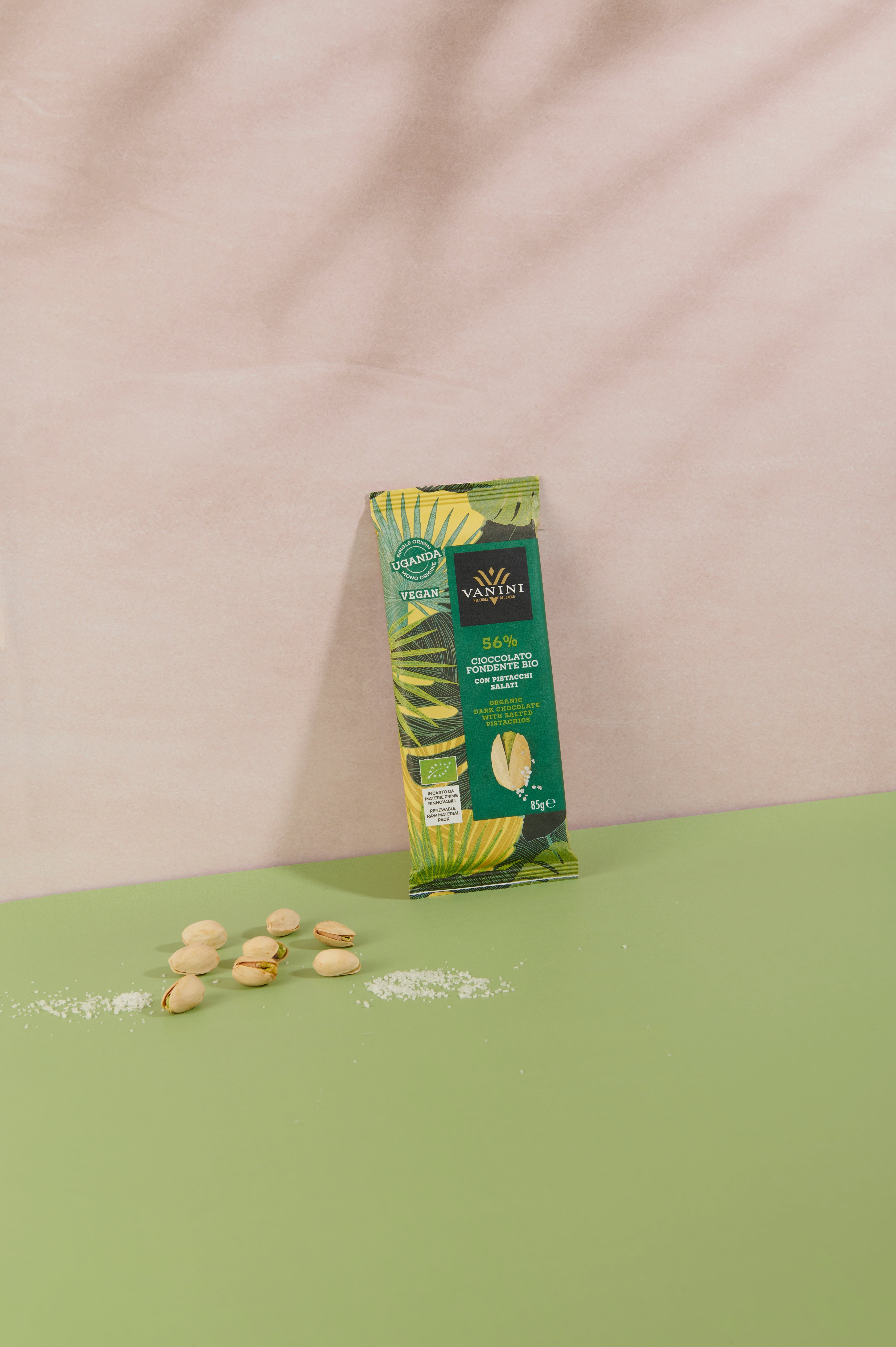 Tavoletta Vanini Uganda Fondente Bio 56% con pistacchi salati