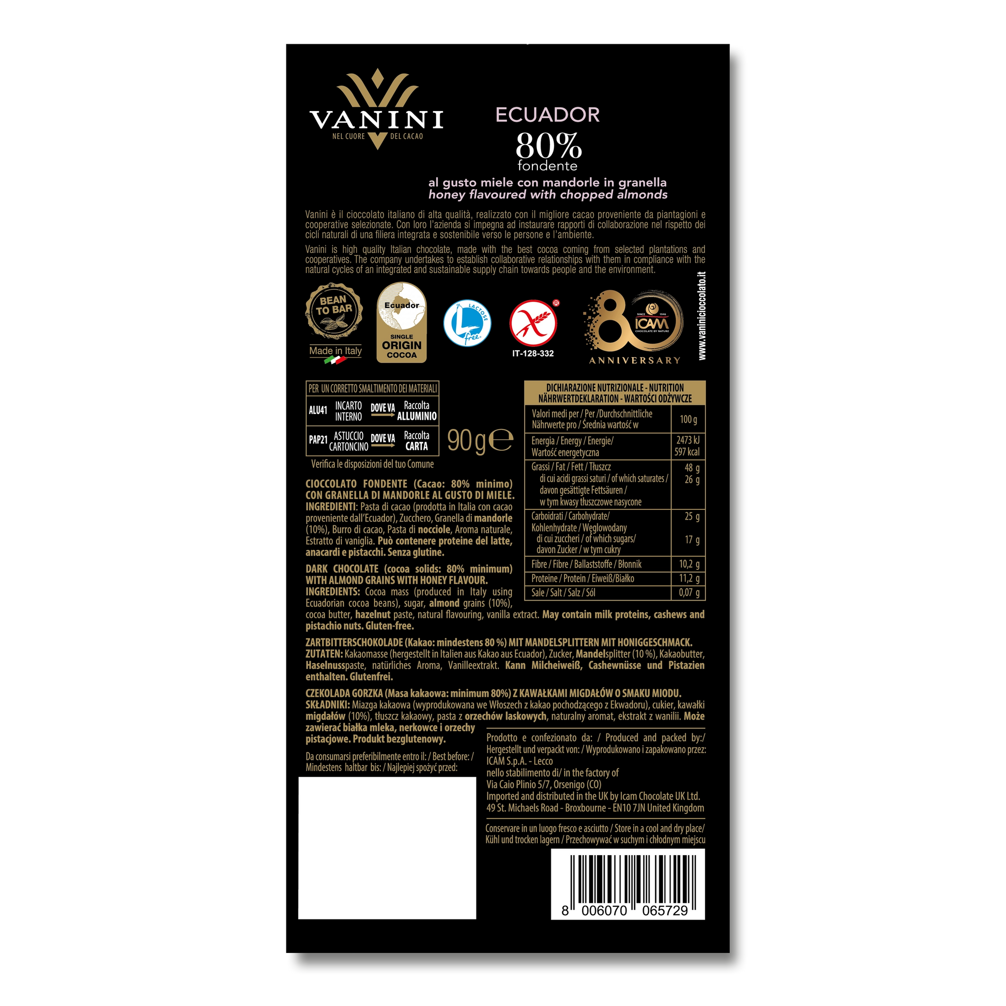 Retro della confezione Vanini Ecuador 80% fondente con bacche di vaniglia macinate. Sul packaging nero sono riportati il logo Vanini, le certificazioni di origine del cacao Ecuador Single Origin Cocoa, il marchio Bean to Bar, le informazioni nutrizionali, l'elenco ingredienti e le modalità di smaltimento. In basso sono visibili il codice a barre, i dati del produttore e il peso netto di 90 g. Design elegante nei toni nero e oro che richiama la linea premium delle tavolette Monorigine Vanini.