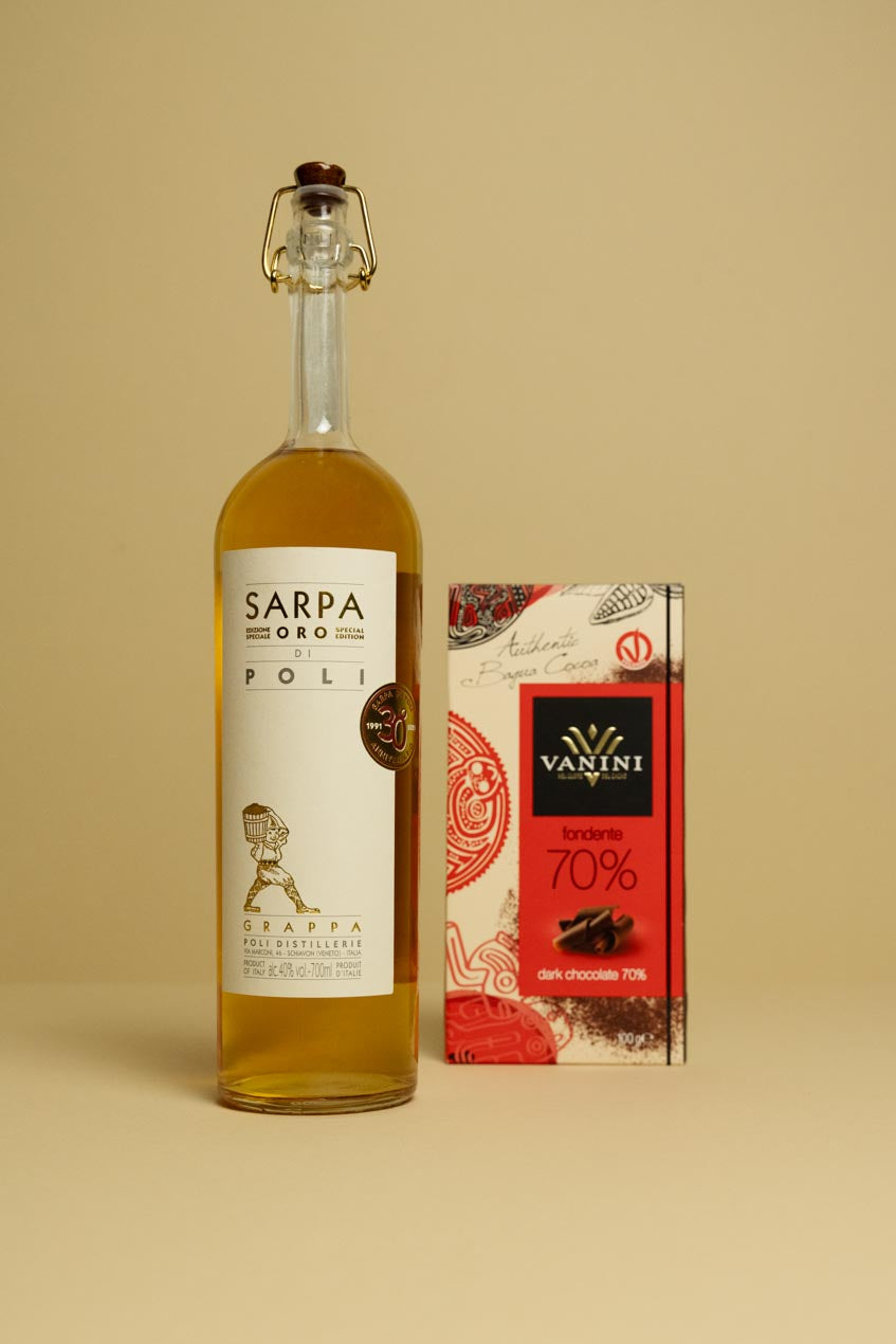 Grappa Sarpa con Tavoletta Vanini Bagua 70%