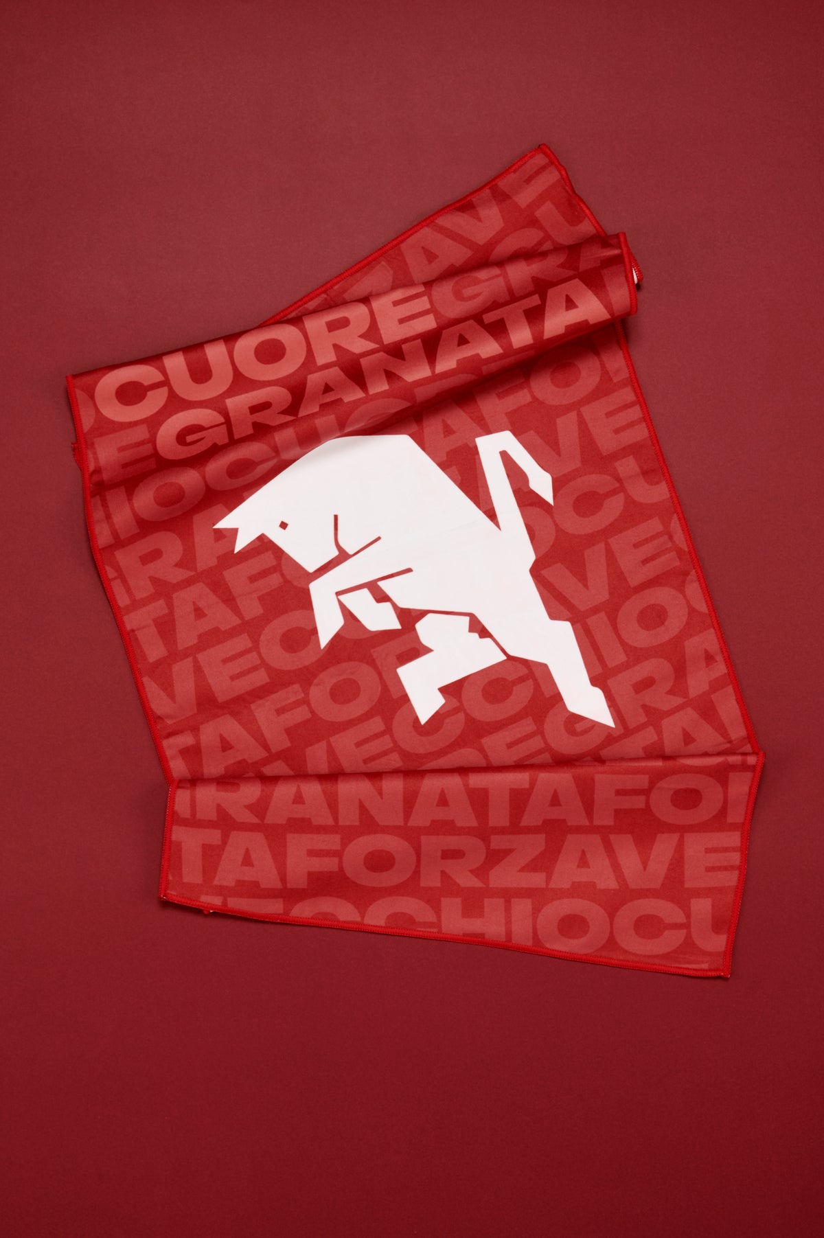 Telo del tifoso Torino FC disteso su sfondo granata, caratterizzato dal simbolo del toro bianco e da una grafica tono su tono con scritte dedicate ai colori granata.
